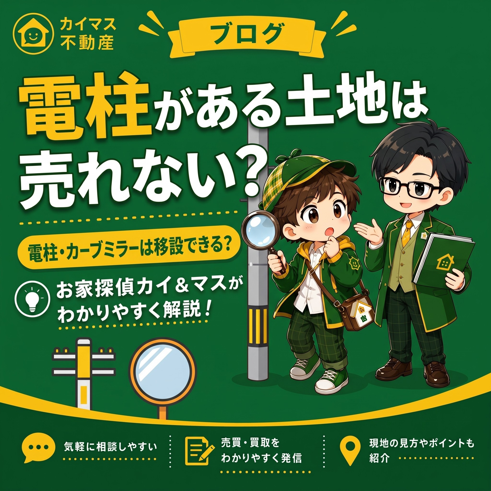 【隣接電柱・カーブミラー】土地に電柱やカーブミラーが立っていると売れない？マスの太鼓判で現状のまま即金買取！